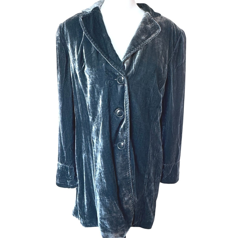 COLDWATER CREEK Womens 8 Blue Grey Silk Blend Velvet Longline Blazer Poet Jacket